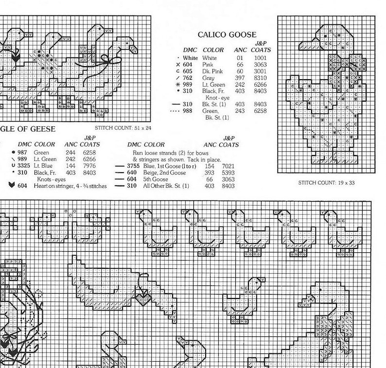 Pu&ograve; includere: Schema di punto croce per un'oca calico e una stormo di oche. Lo schema include i colori del filo DMC e i numeri del filo Anchor corrispondenti. Il numero di punti &egrave; fornito per ogni disegno.