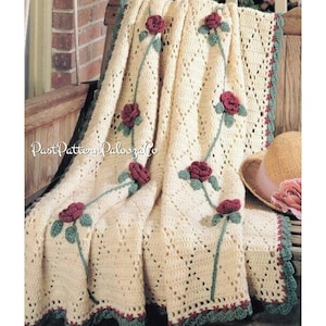 Vintage Crochet Pattern Victorian Reaching Roses Eyelet Diamonds Afghan PDF Instant Digital Download Floral Rose Blanket Throw 10 Ply