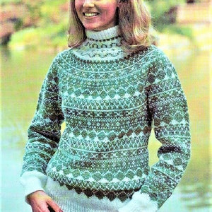 Vintage Knitting Pattern Womens Nordic Fair Isle Pullover Sweater PDF Instant Digital Download Fair Isle Mohair Turtleneck 5 Ply