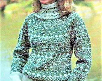 Vintage Knitting Pattern Womens Nordic Fair Isle Pullover Sweater PDF Instant Digital Download Fair Isle Mohair Turtleneck 5 Ply