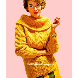 May include: A bright yellow cable-knit sweater with a wide, folded cowl neckline and long sleeves. The sweater features a prominent vertical cable pattern throughout the front and sleeves. The text PastPatternPaloozaCo is visible.