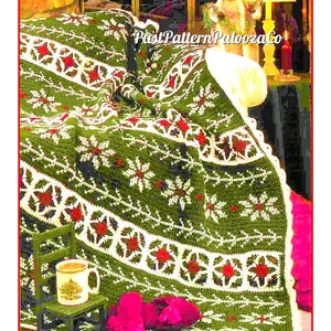 Vintage Crochet Pattern Granny Square Alpine Poinsettia Afghan PDF Instant Digital Download Cross Stitch Christmas Blanket 50x60 10 Ply