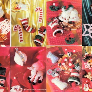 May include: A collection of crochet Christmas ornaments, including a snowman, reindeer, candy cane, stocking, star, bell, and a teddy bear. The ornaments are displayed on a variety of colorful backgrounds.