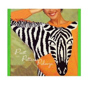 May include: A vintage knitting pattern featuring a zebra sweater with a zebra head design. The sweater is orange, black, and white. The pattern is from Past Patterns Palooza.