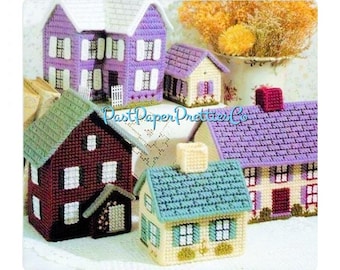Vintage Plastic Canvas English Cottages Houses Patterns PDF Instant Digital Download 9 Designs Recipe Holders Potpourri Containers 7 Mesh