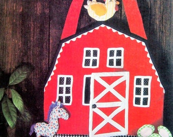 May include: A red barn-shaped tote bag with a white door and black windows. The bag has a white and black checkered trim and a white strap. The bag is decorated with a yellow and white chicken, a blue and white horse, a pink and white sheep, a yellow and white pig, and a green and white mouse.
