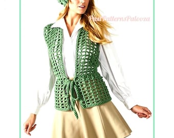 Vintage Crochet Pattern Womens Retro Lacy Vest and Beret Hat Set Boxy Openwork PDF Instant Digital Download Groovy Mod Boho 4 Ply