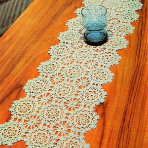 May include: A white crocheted table runner with a scalloped edge and a repeating pattern of flowers. The runner is laid out on a wooden table with a blue glass on top.