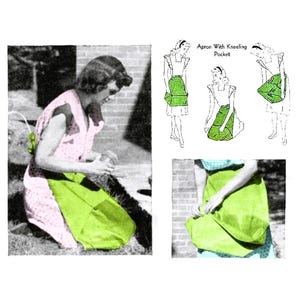 Puede incluir: Imagen vintage de una mujer con un vestido rosa y un delantal verde. El delantal tiene un bolsillo para arrodillarse. La imagen tambi&eacute;n incluye ilustraciones del delantal y el texto "Apron With Kneeling Pocket."