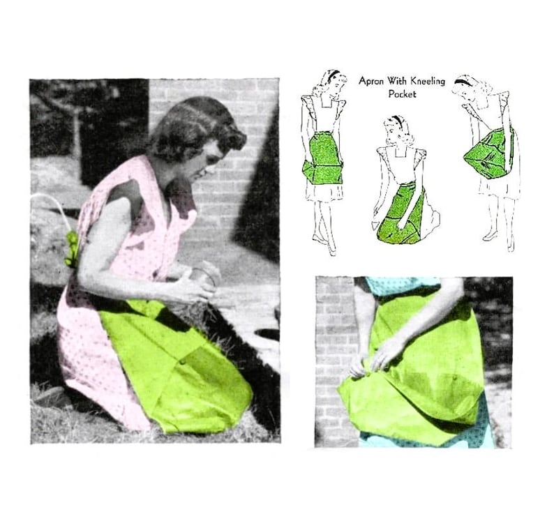 Puede incluir: Imagen vintage de una mujer con un vestido rosa y un delantal verde. El delantal tiene un bolsillo para arrodillarse. La imagen tambi&eacute;n incluye ilustraciones del delantal y el texto "Apron With Kneeling Pocket."