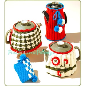 May include: Three crocheted teapot cozies and one small matching accessory. One cozy features a green and white chevron pattern with red trim, another is solid red with blue pom-poms, and the third is white with red and green floral embroidery.