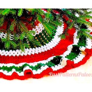 Vintage Crochet Pattern 48&quot; Christmas Tree Skirt Red Green White Stripes PDF Instant Digital Download 10 Ply