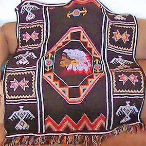 Vintage Crochet Afghan American Indian Blanket Pattern PDF Instant Digital Download Indian Chief Head Throw 4 Ply afbeelding 2