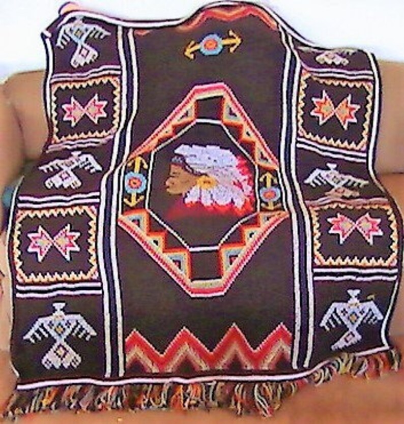 Vintage Crochet Afghan American Indian Blanket Pattern PDF Instant Digital Download Indian Chief Head Throw 4 Ply afbeelding 2