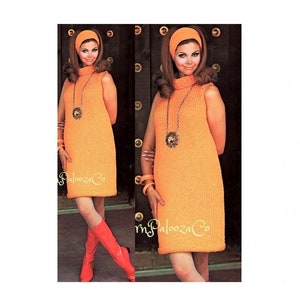 May include: A vintage knitting pattern featuring a sleeveless orange dress with a turtleneck and a matching headband. The model is wearing red boots.