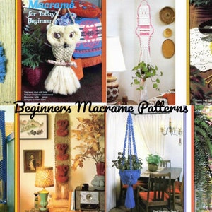 May include: A collection of macrame patterns for beginners. The patterns include a blue owl wall hanging, a white plant hanger, a blue and white wall hanging, a blue and white curtain, a brown and orange wall hanging, a blue plant hanger, and a yellow and white belt.