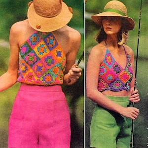 Vintage Crochet Pattern Womens Retro Granny Square Halter Tops PDF Instant Digital Download 2 Styles Hippie Boho Midriff Midis 1970s 5 Ply