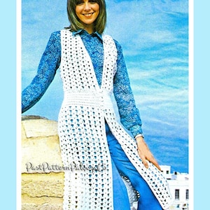 Vintage Crochet Pattern Womens Long Lace Maxi Vest Waistcoat Front Buttons PDF Instant Digital Download Groovy Mod Boho Hippie Top 4 Ply