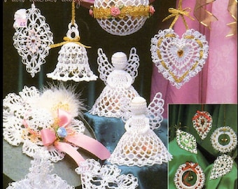 May include: A collection of crocheted Christmas ornaments, including a bell, a heart, an angel, and a wreath. The ornaments are white and gold and are decorated with beads and sequins.