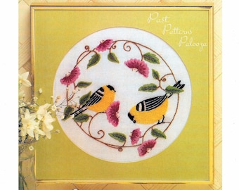 Vintage Crewel Embroidery Pattern 8" Goldfinch Birds Flowers Two Designs PDF Instant Digital Download Retro Little Yellow Birds