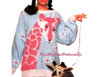 Vintage Knitting Pattern Womens Pink Giraffe Daisies Sweater PDF Instant Digital Download Retro Animal Motif Pullover Jumper 5 Ply
