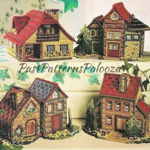 Vintage Plastic Canvas Pattern Rustic European Country Cottages Houses Village PDF Instant Digital Download 4 Cottage Designs 7 Count