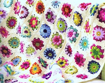 Vintage Crochet Pattern Popcorn Roses & Daisies Granny Square Afghan PDF Instant Digital Download Pretty Wild Flower Field Throw Coverlet