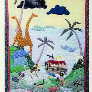 May include: A colorful patchwork quilt depicting Noah's Ark with animals, palm trees, and clouds. The ark is brown and white with a red roof. The animals are a variety of colors and include giraffes, elephants, birds, and a cat. The quilt is made of fabric scraps and is a unique and whimsical piece of art.