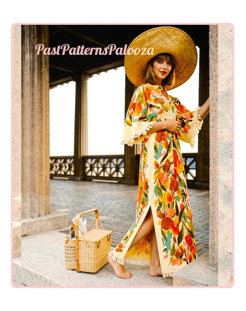 May include: A floor-length cream-colored dress featuring a vibrant floral print in shades of orange, yellow, and green, with wide sleeves and a fringed hem. The dress includes the text PastPatternsPalooza and is paired with a large straw hat.