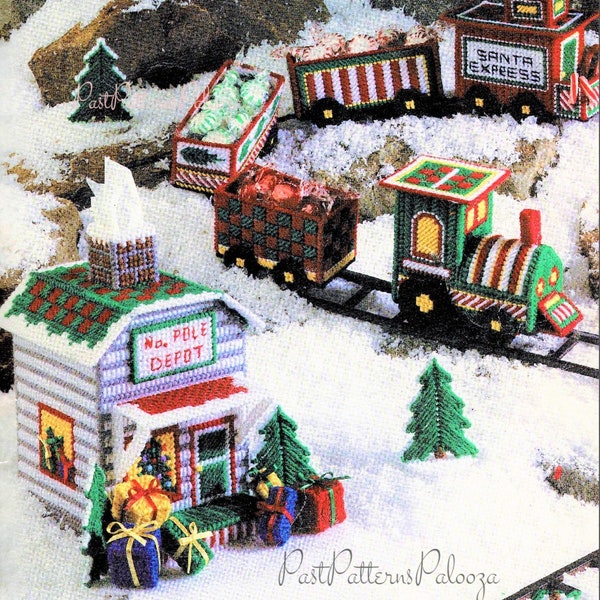 Vintage Santa Express Holiday Train Patterns In Plastic Canvas Christmas Train Tissue Holder PDF Instant Digital Download 7 Mesh