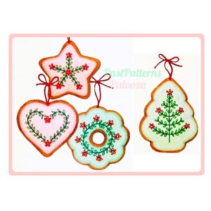 May include: Four embroidered Christmas ornaments in the shapes of a star, heart, wreath, and Christmas tree. The ornaments are decorated with red and green embroidery.