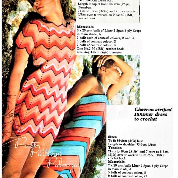 Vintage haakpatroon Dames Chevron en gestreepte zomerhalterjurk PDF Instant Digitale Download Twee Boho Design 4-laags