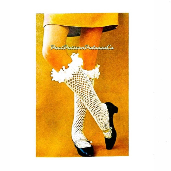 Vintage Crochet Pattern Womens Pretty Fish Net Knee Socks Loopy Trim PDF Instant Digital Download Retro Coquettish Ruffle Stockings 5 Ply