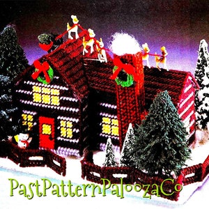 Vintage Plastic Canvas Pattern 8&quot; Christmas Log Cabin Centerpiece PDF Instant Digital Download Santas Village Holiday Display 7 Count