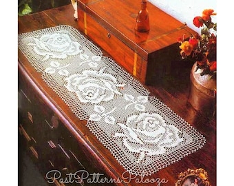 Vintage Filet Crochet Pattern 34" Three Roses Table Runner PDF Instant Digital Download White Cotton Thread Flower Dresser Decor