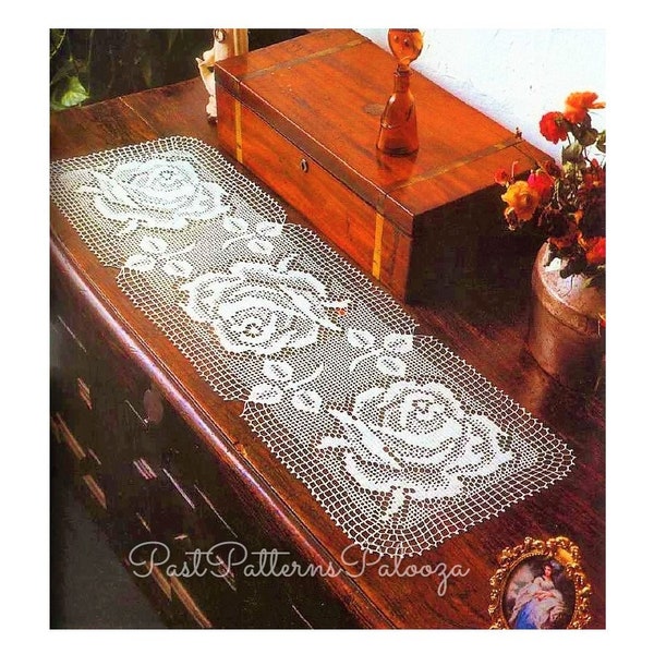 Vintage Filet Crochet Pattern 34" Three Roses Table Runner PDF Instant Digital Download White Cotton Thread Flower Dresser Decor