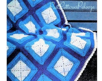 Vintage Crochet Pattern Blue White Popcorn Squares Afghan PDF Instant Digital Download Quick Easy Granny Square Blanket 4 Ply