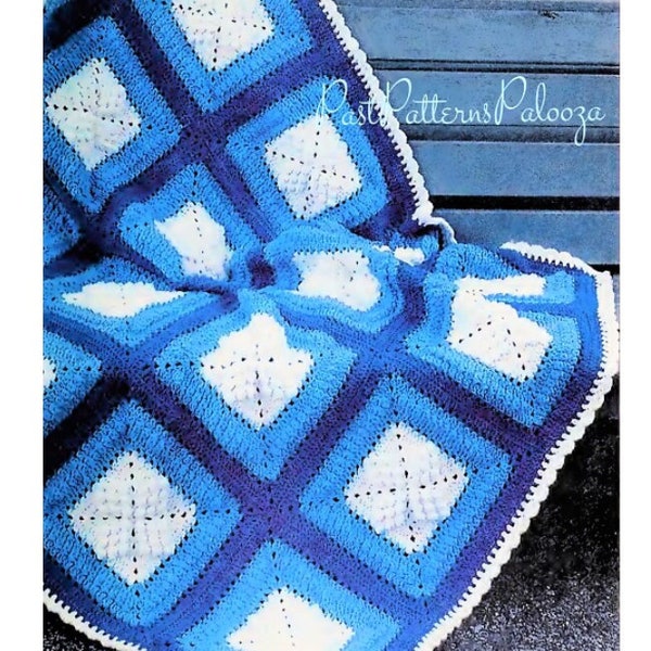 Vintage Crochet Pattern Blue White Popcorn Squares Afghan PDF Instant Digital Download Quick Easy Granny Square Blanket 4 Ply