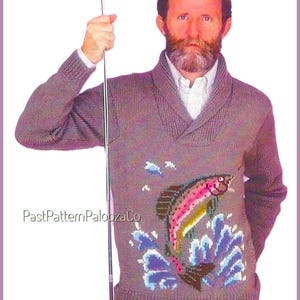 Vintage Knitting Pattern Mens Rainbow Trout Fishing Sweater Pullover Crossover Neck PDF Instant Digital Download Fishermans Delight DK Yarn