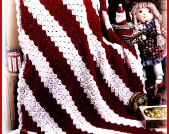 Vintage Crochet Pattern Christmas Candy Cane Stripes Afghan Corner To Corner Diagonal Shells PDF Instant Digital Download Holiday Blanket