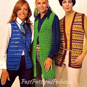 May include: Three people wearing colorful crochet vests. The vests are in shades of blue, green, and a patterned mix of yellow, red, and purple. The vests are paired with various shirts and pants, showcasing a vintage fashion style.