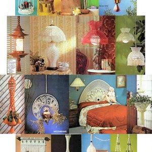 May include: A collection of macrame plant hangers, wall hangings, and lampshades. The macrame is made with natural coloured cord and features various designs, including a three-tiered plant hanger, a round plant hanger with an owl, and a lampshade with a fringe.