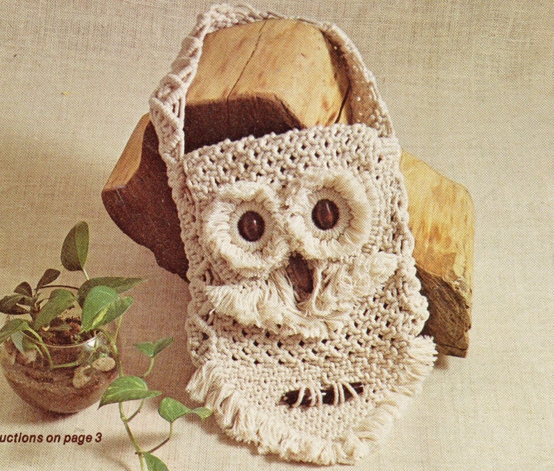 Vintage Macrame Pattern Owl Purse Handbag PDF Instant Digital Download Retro 1976 Design Synthetic Fiber Knotwork Kitschy Boho Shoulder Bag image 2