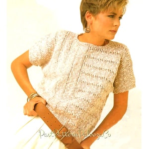 Vintage Knitting Pattern Womens Pretty Cotton Top Short Sleeve Summer Sweater Linen Look Pullover PDF Instant Digital Download DK