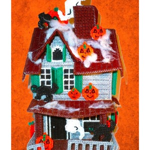 Vintage Plastic Canvas Pattern 14&quot; Halloween Haunted House Mansion Decor Display Piece Treat or Cookie Jar PDF Instant Digital Download