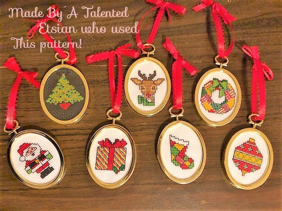 Vintage Handmade Cross Stitch Framed Christmas Tree Ornaments, Set of 16 