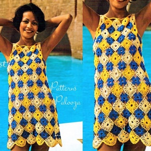 Vintage Crochet Pattern Womens Granny Square Summer Dress Cover Up Beach Tunic PDF Instant Digital Download 4 Ply