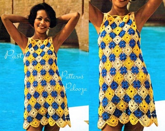 Vintage Crochet Pattern Womens Granny Square Summer Dress Cover Up Beach Tunic PDF Instant Digital Download 4 Ply