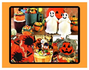 Vintage Crochet Patterns Halloween Party Decor and Favors PDF Instant Digital Download Lollipop Covers Pumpkin Candy Dish Small Baskets