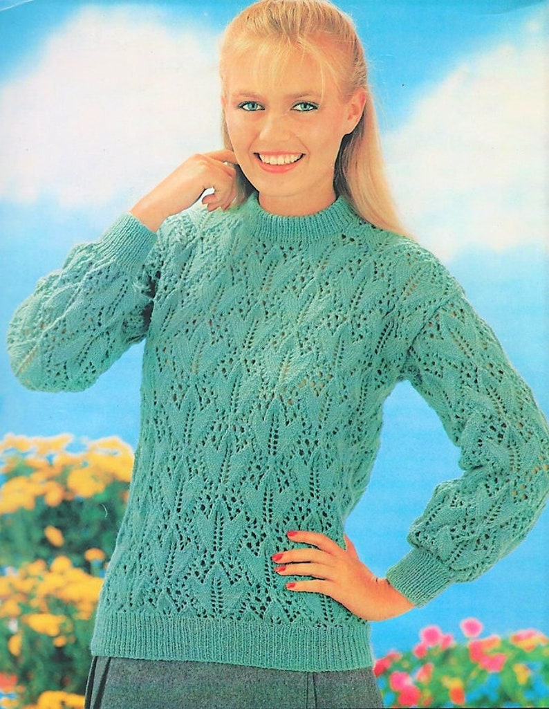 Vintage Knitting Pattern Womens Ivy Leaf Stitch Lacy Knit Pullover Sweater Jumper Top PDF Instant Digital Download Long Sleeved 4 Ply image 1
